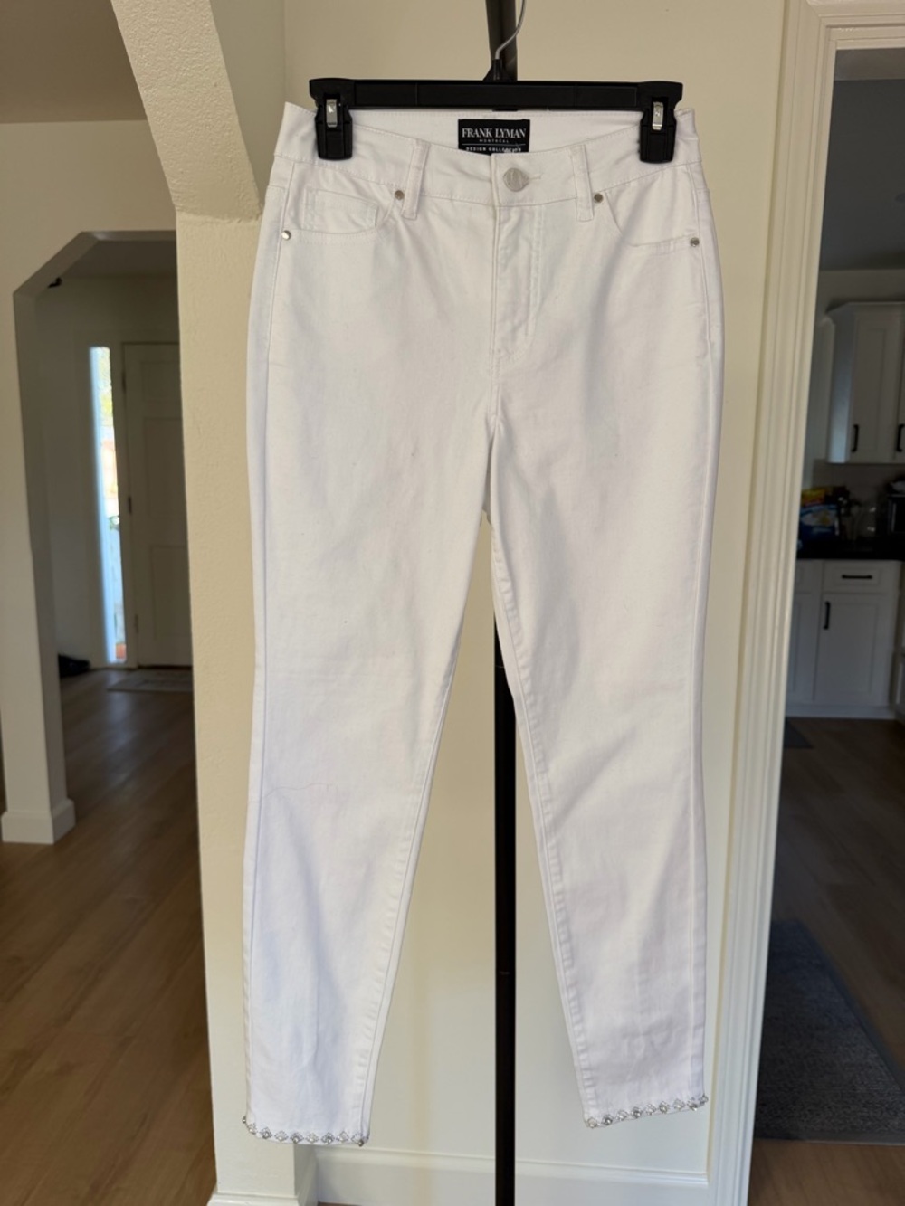 Sold - Frank Lyman White Jeans Embellished Hem Rhinestone Pearl Detail